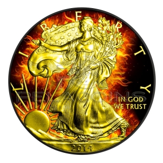 USA 2014 1$ Burning American Eagle Walking Liberty 1oz Black Ruthenium - Gold Plated