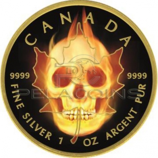 Canada 2015 1$ Burning Maple Leaf Skull 1oz Ruthenium, Goldplated, Color Silver Coin
