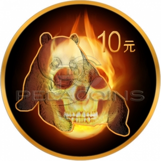 China 2015 10 Yuan Burning Panda Skull 1oz Black Ruthenium - Color, Gold Plated