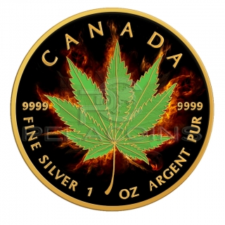 Canada 2017 5$ Maple Leaf - Burning Marihuana - Indica 1oz Black Ruthenium and 24kt Gold Plated