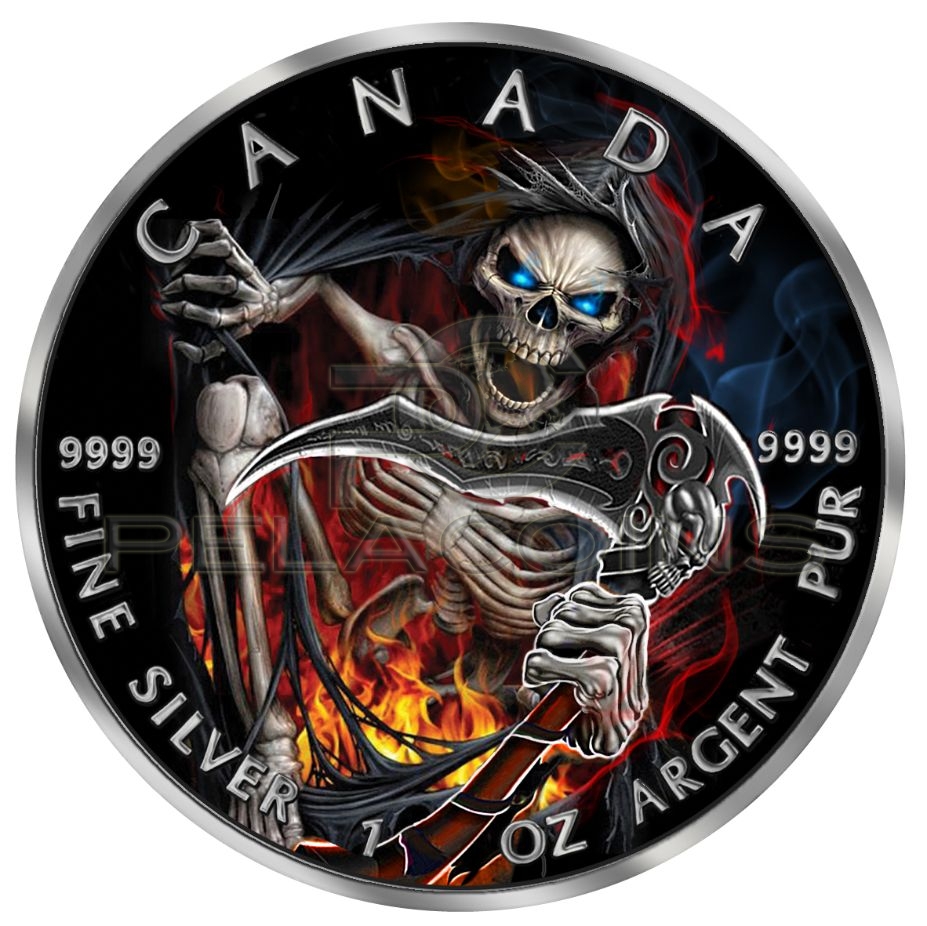 Canada 2018 5$ Maple Leaf - Grim Reaper Armageddon III 1oz Ruthenium plated Color