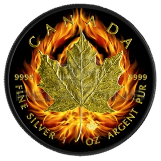 Canada 2015 5$ Burning Maple Leaf Fire Black Ruthenium 1 Oz Silver Coin